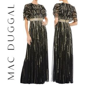 MAC DUGGAL Women’s Embellished Full Length Layered Sleeves Gown in the Size 12
